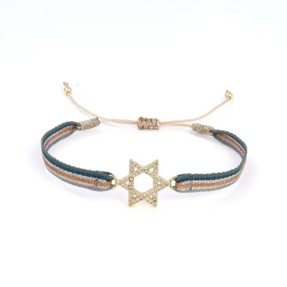 Gold Star of David Charm Bracelet with Multicolor Cloth Band. Adjustable sizing!